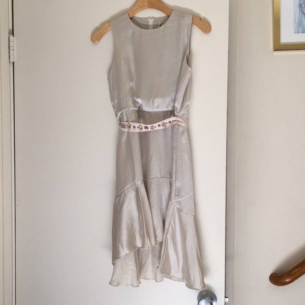 Grey/silver satin dress with pink jeweled sash